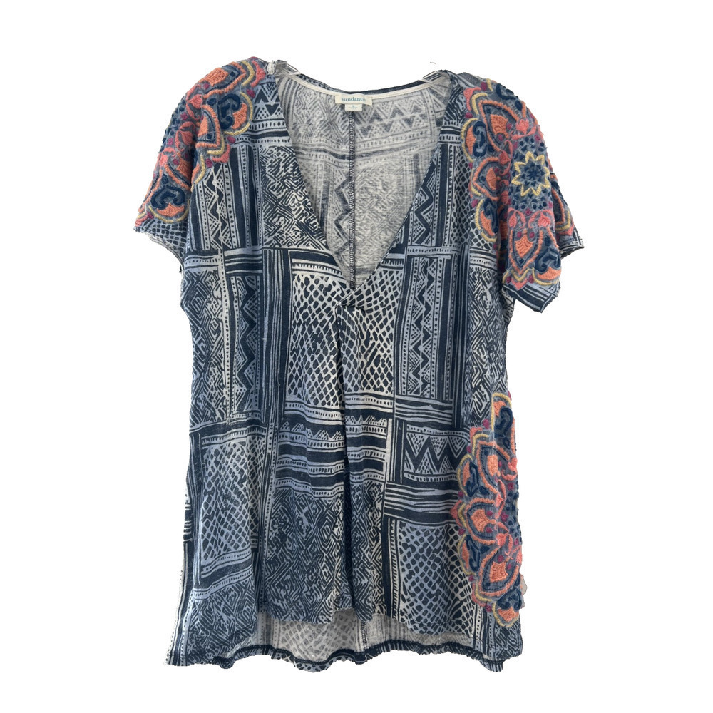 Sundance Women's 100% Linen Short Sleeve Abstract V-Neck Tee Size Small